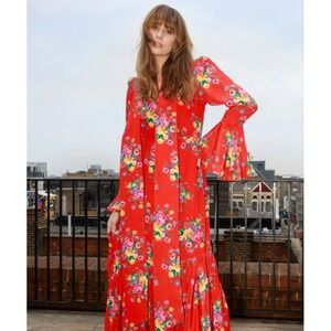 Queens of Archive Red Floral Maxi Dress Bell Sleeve Bow Retro Boho S Small